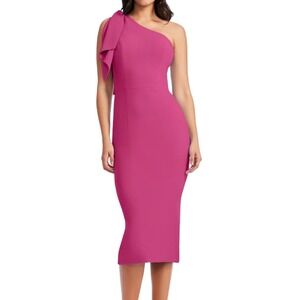 Dress The Population Women XL One Shoulder Ruffle Midi Dress Pink Party Cocktail
